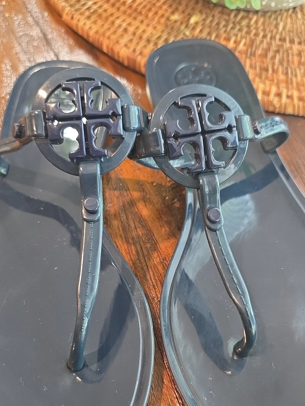 Tory Burch Black Logo Jelly Thong Sandals with Patent Shine